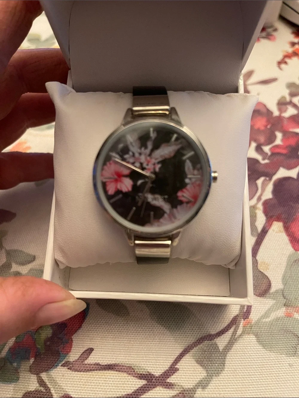Nine West Silver Bracelet Watch with Pink Floral Dial